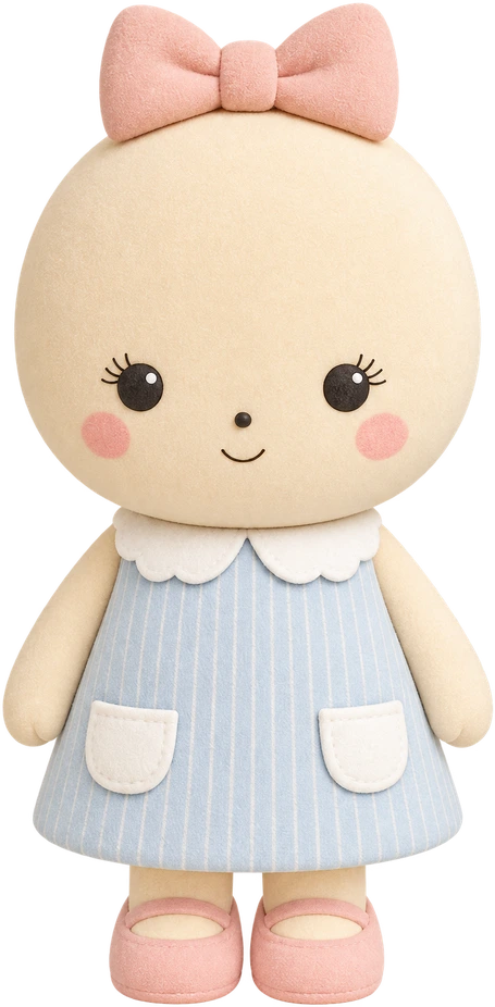 Baby Snow, a soft flocked figure in her blue pinafore, standing
